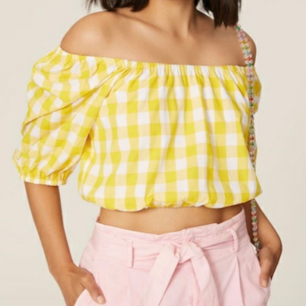 Color Me Courtney Size Small Puff‎ Sleeve Gingham Yellow Crop Top Preppy
